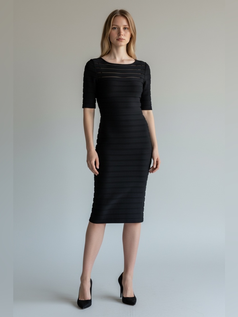 Adrianna Papell Black Ribbed Sheath Midi Dress size 10